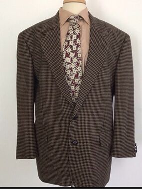Macy's Club Room Brown /Black Houndstooth Wool Two Button Blazer 44 Regular EUC